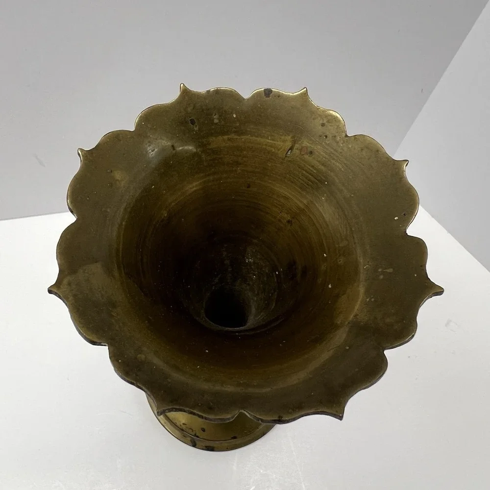 VTG Brass Or Brass Played Bud Etched Funnel Flutted Vade Shape Footed Boho Decor